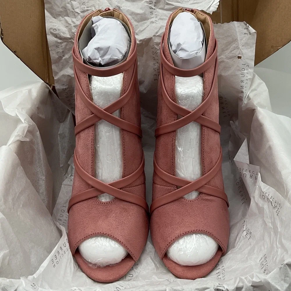 Journee Collection Samara Blush‎ Pink Faux Suede Peep Toe Strappy Stiletto Heels